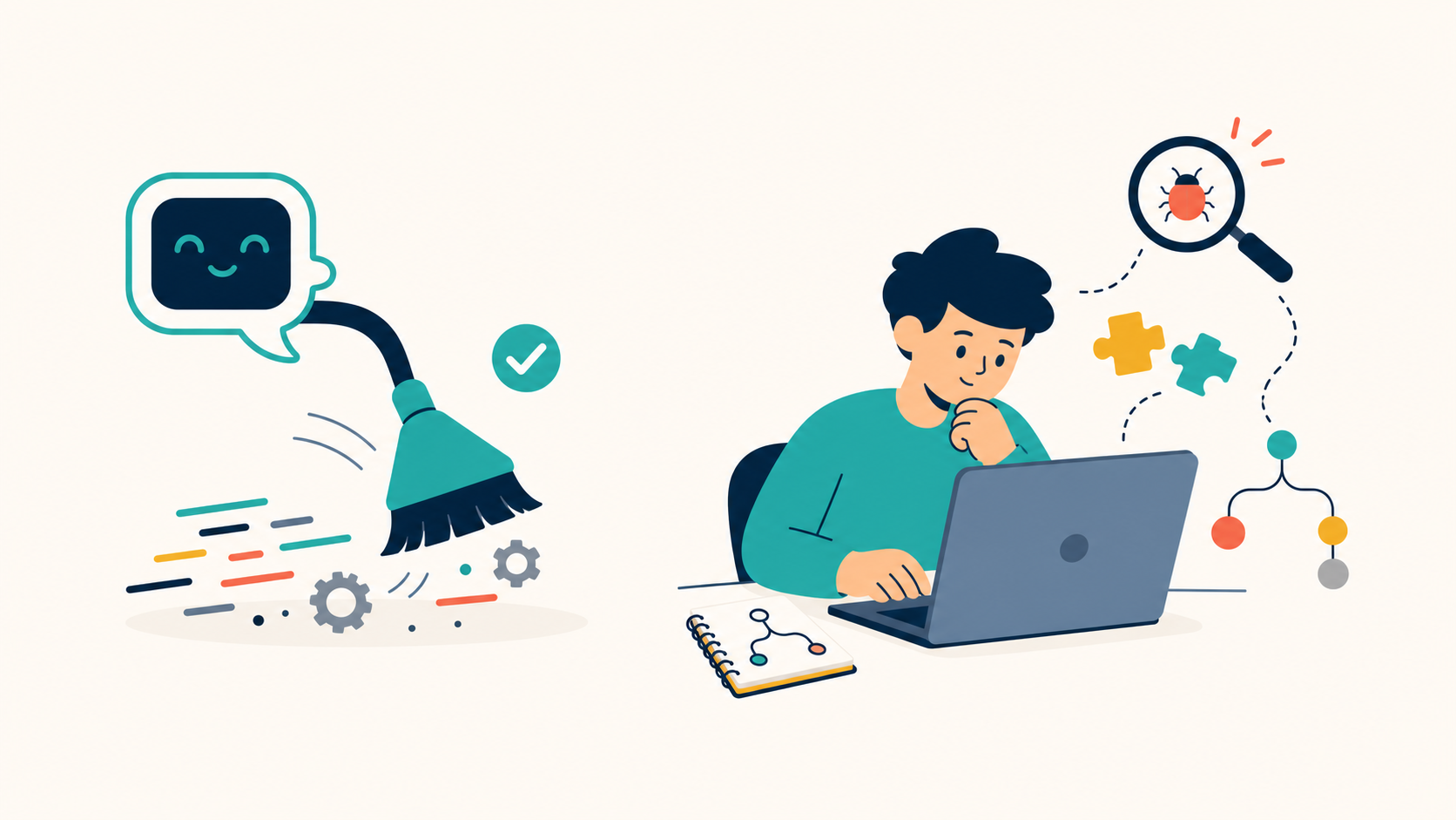 A two-panel illustration contrasting an AI assistant removing mechanical coding friction with a learner working through debugging and design