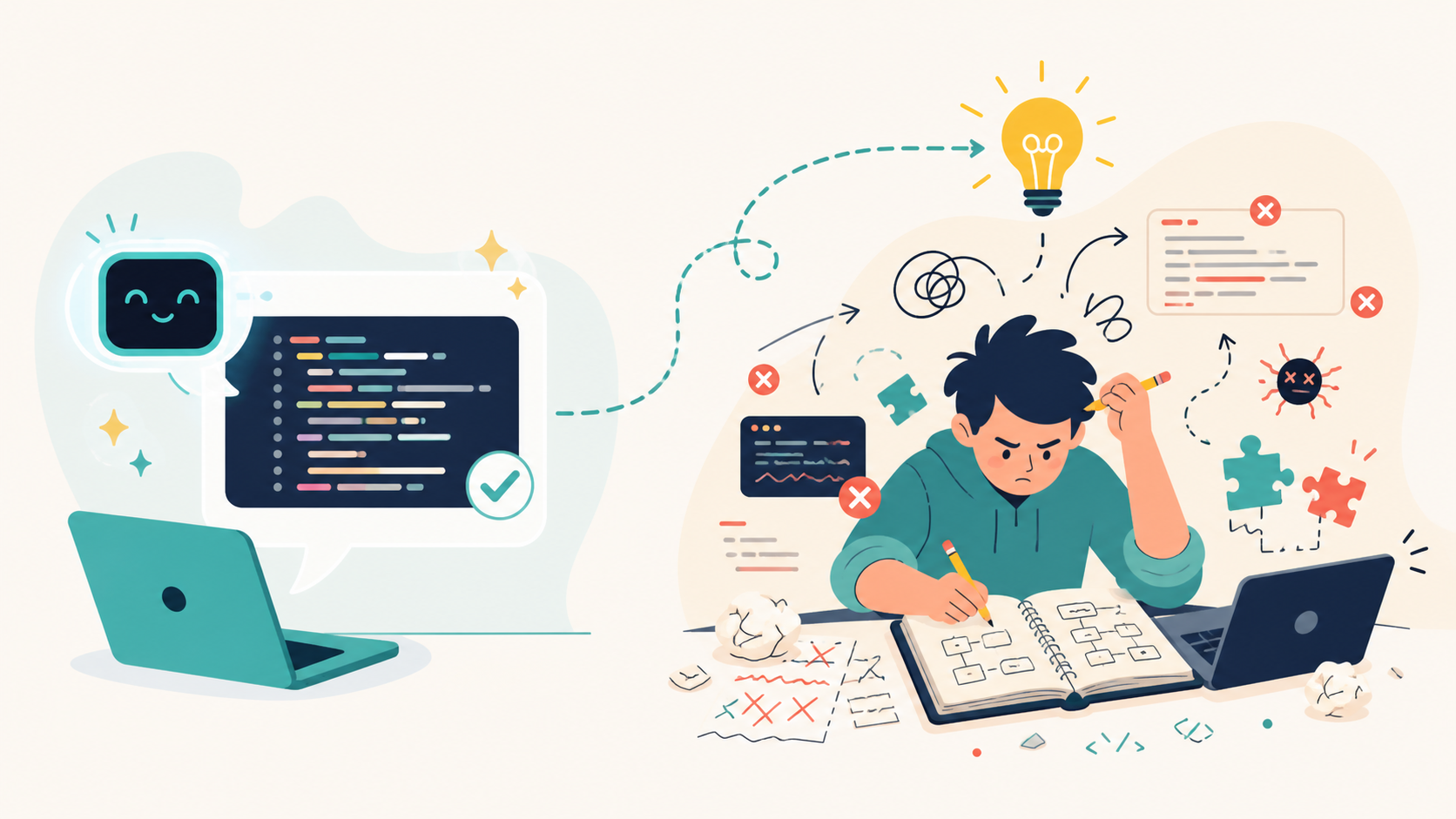A minimal illustration of an AI assistant offering code while a learner walks toward a notebook full of messy reasoning