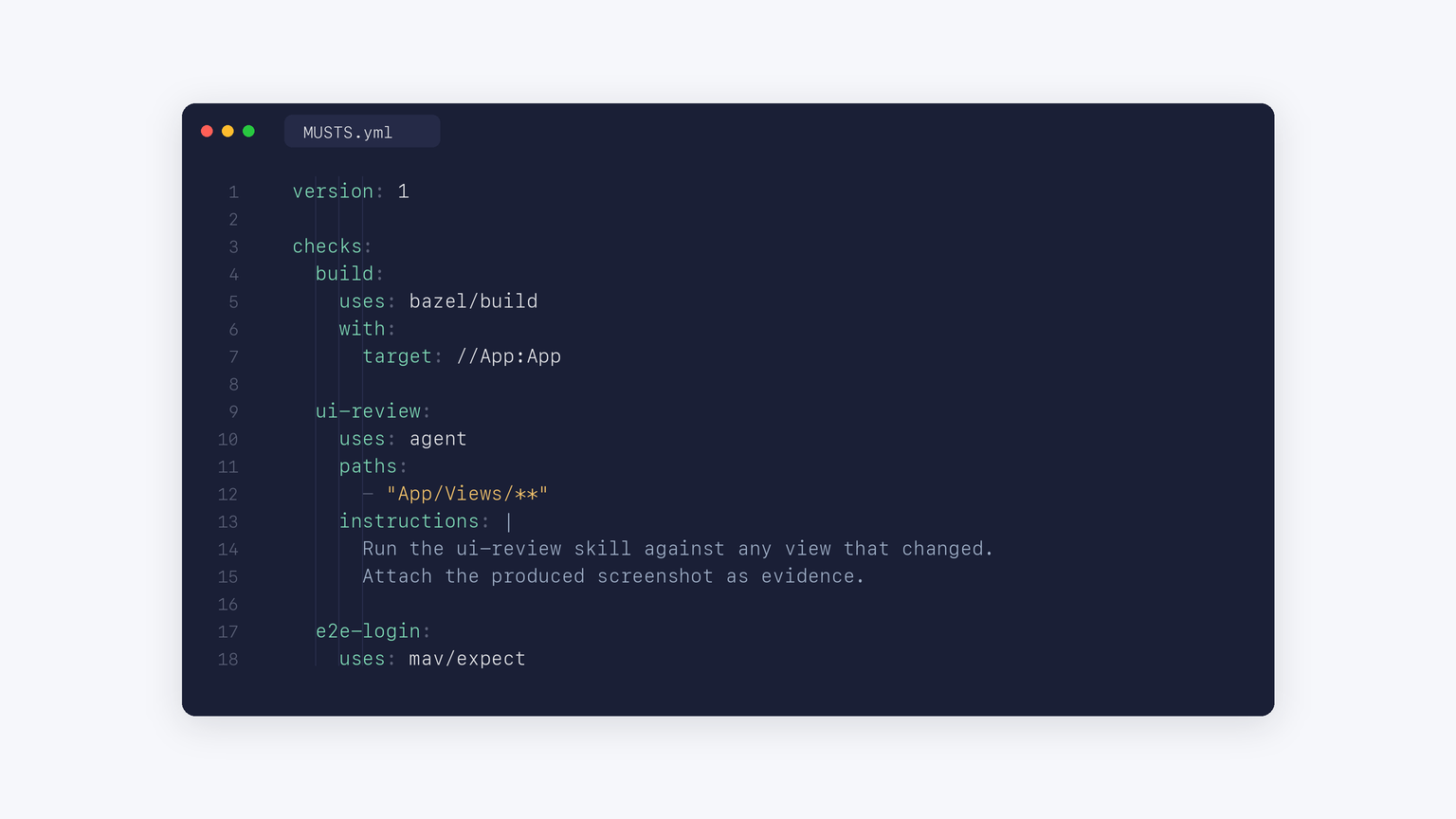 Code editor screenshot showing a MUSTS.yml file with three checks: a build check using bazel/build, a ui-review check using the agent capability with a paths filter and inline instructions, and an e2e-login check using mav/expect